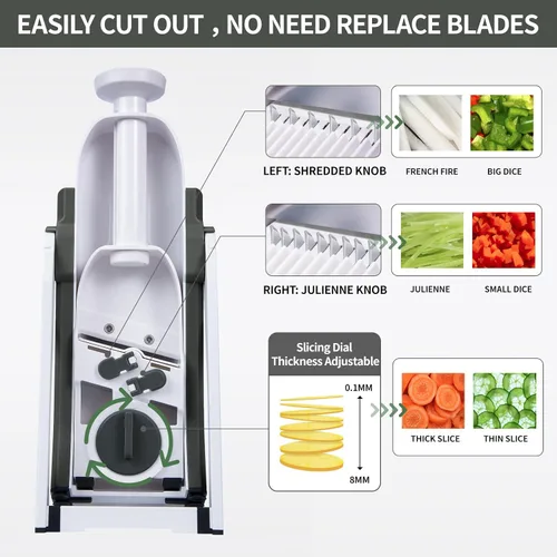 Miniatura 3 de ONCE FOR ALL - Mandolina segura y mejorada plus, picador ajustable de alimentos y verduras, cortador de papas fritas, hoja desmontable, utensilio