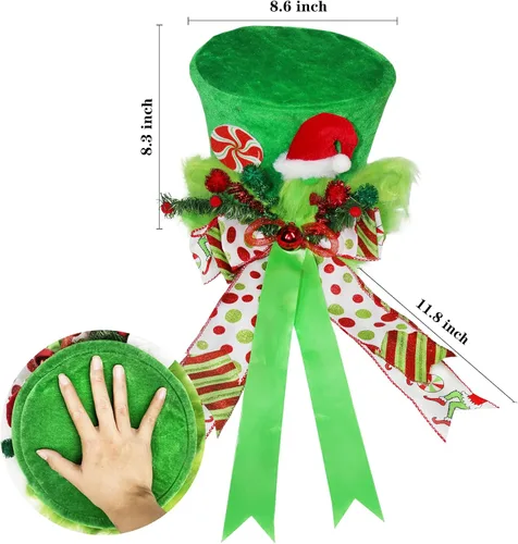 Miniatura 2 de Lordaeron - Gorro de adorno para árbol de Navidad, sombrero grande de terciopelo verde con lazo alargado, decoraciones de árbol de Navidad, adornos