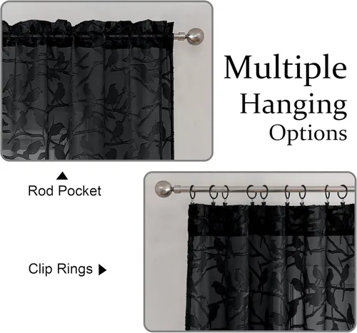 Miniatura 2 de OVZME - Cortinas traslúcidas de gasa ligeras y vaporosas, texturizadas, bolsillo barra doble, pájaros recortados, dormitorio, sala de estar, 38 Negro