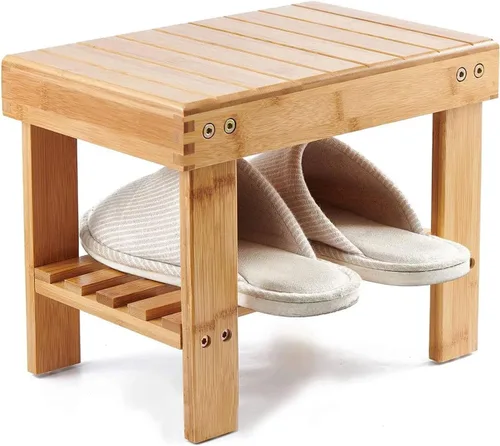 Miniatura 8 de HOIGON Paquete de 2 taburetes de ducha de bambú de 13 pulgadas, taburete de madera con carcasa de almacenamiento, taburetes antideslizantes