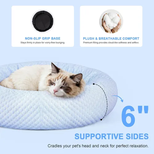 Miniatura 3 de Cama pequeña en forma de dona para perros, refrescante y calmante para gatos y cachorros, cama redonda de tela de hielo antiansiedad para mascotas
