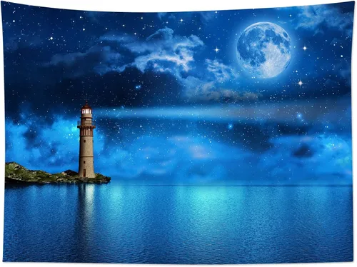 Miniatura 5 de HVEST Tapiz de luna y cielo nocturno para colgar en la pared, luna llena y galaxia estrellada con faro sobre el océano, tapiz colgante de pared