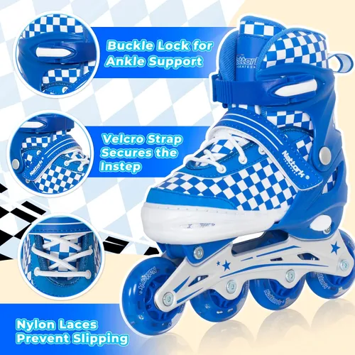 Miniatura 3 de Nattork Patines en línea ajustables para niños y adolescentes, ruedas iluminadoras, patines con diseño de tablero de ajedrez para niños y niñas Azul