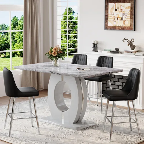 Miniatura 16 de Juego de mesa de comedor de mármol de 63 pulgadas para 6, moderno juego de mesa de comedor de altura de mostrador, mesa alta gris con taburetes