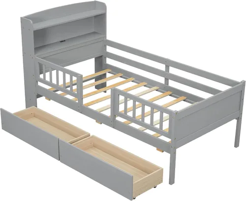 Miniatura 7 de P PURLOVE Cama de plataforma de tamaño individual con cabecera de almacenamiento, marco de cama de madera con luz LED integrada, cama de plataforma