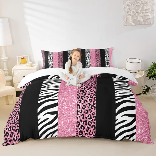 Miniatura 35 de Juego de funda de edredón para niños, tamaño individual, diseño de cebra y leopardo con purpurina, decoración de habitación para niñas y mujeres
