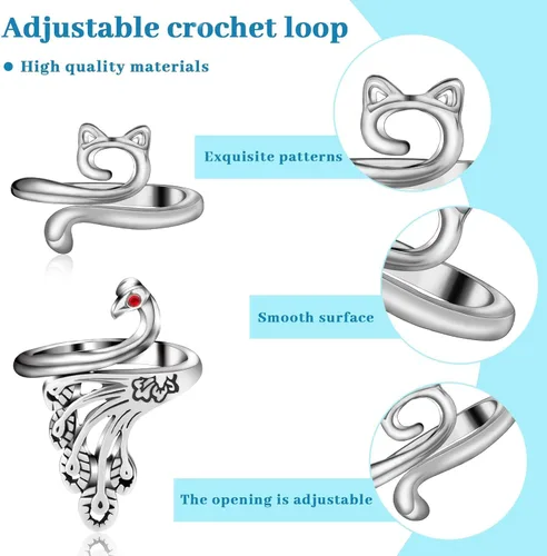 Miniatura 5 de 8 piezas de anillo de ganchillo, anillo de ganchillo ajustable para dedo, anillos de tensión para hilo de gato, guía de hilo para tejer, dedal
