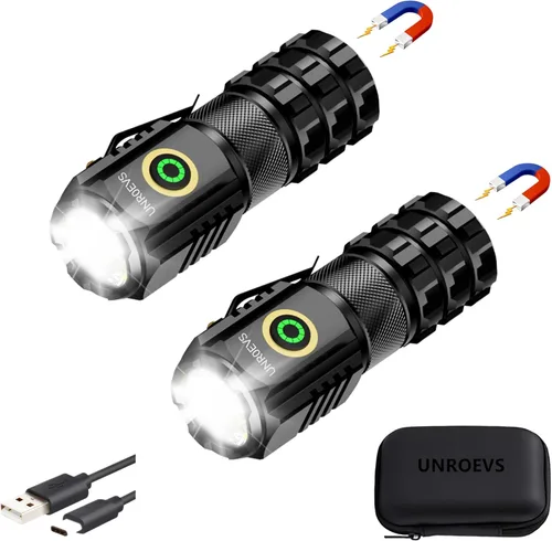 Miniatura 10 de UNROEVS XC06 Mini linterna recargable, linterna de bolsillo con imán, linterna compacta pequeña súper brillante, linterna EDC de 5 modos para Negro
