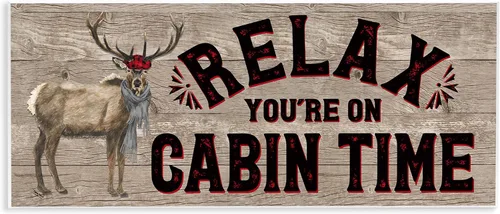 Stupell Industries Tara Reed - Placa artística de pared con frase "Cabin Time Phrase with Deer", 17 x 7 pulgadas, fácil de colgar y resistente,