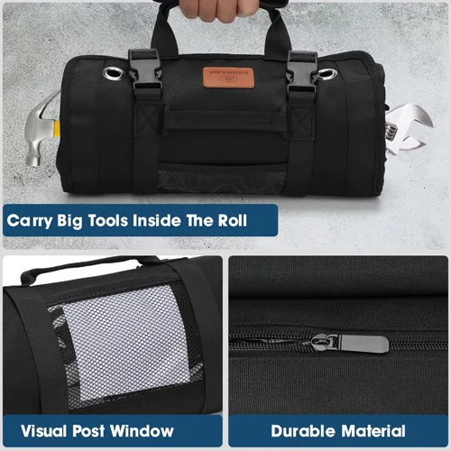Miniatura 8 de BAQRAXIA Bolsa de herramientas, caja de herramientas pequeña enrollable, organizador de herramientas resistente con 2 bolsas de herramientas Negro