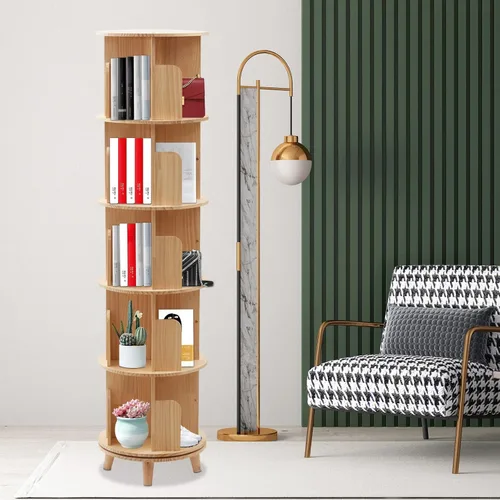 Miniatura 7 de Estantería giratoria de 360°, estante apilable de madera maciza de 5 niveles, estante de almacenamiento de pie para sala de estar, estudio y oficina