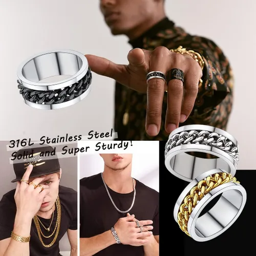 Miniatura 5 de PROSTEEL Anillo giratorio para hombre, anillos para ansiedad, cadena de eslabones cubanos giratoria de 0.315 in, anillo grueso, tamaño 6-14, grabado