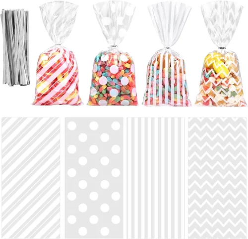 Miniatura 11 de Aneco Paquete de 100 bolsas de celofán arcoíris de 10.6 x 5.1 pulgadas, bolsas de plástico para dulces, bolsas de regalo, bolsas de regalo con lazos