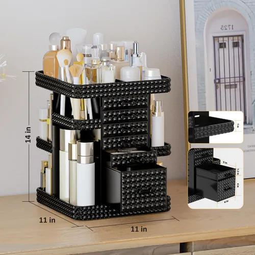 Miniatura 3 de Organizador de maquillaje giratorio de 360 grados para tocador, organizador grande para el cuidado de la piel con 6 cajones, organizador