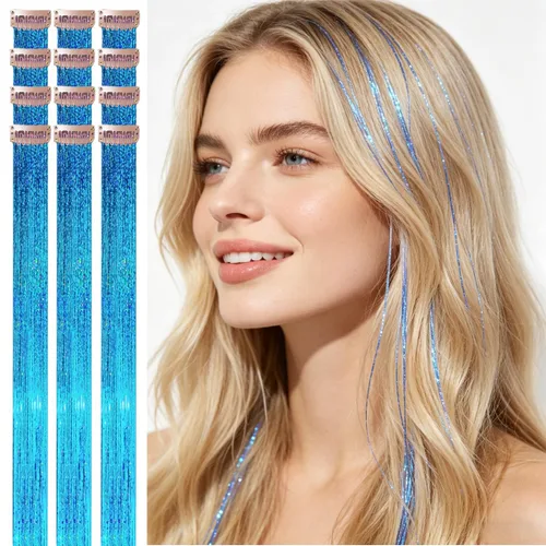 Miniatura 39 de Celinebella 6 extensiones de cabello con clip de mezcla de color rojo, plateado y azul, 6 unidades, resistentes al calor, para mujeres, 17-Azul