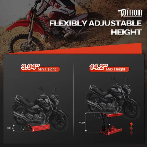 Miniatura 2 de TUFFIOM 1100LBS Gato de elevación de tijera para motocicleta, altura ajustable con superficie superior de goma y pin de seguridad, soporte central