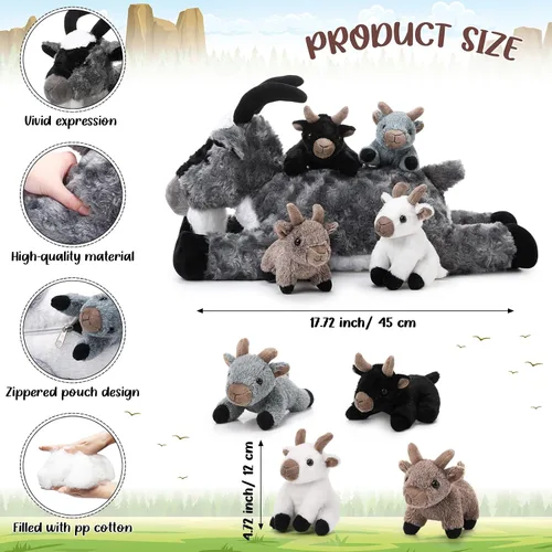 Miniatura 2 de HyDren Juego de 5 piezas de peluche de cabra de 18 pulgadas, peluche de cabra con 4 peluches de bebés en su barriga, almohada de felpa suave de Gris