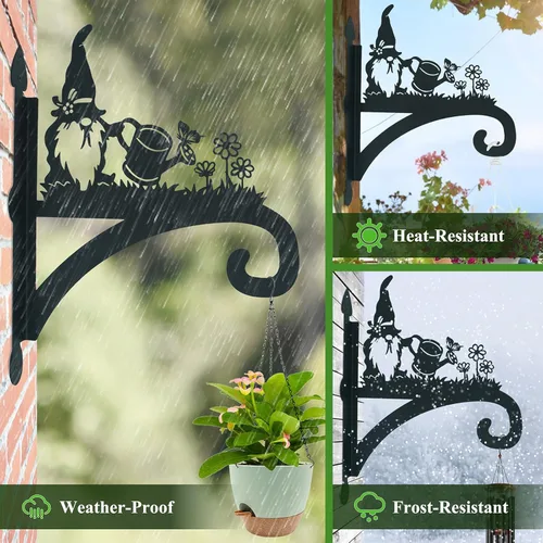 Miniatura 4 de Soporte para plantas colgantes de hierro resistente, silueta ornamental de gnomo, colgadores de plantas colgantes para exteriores, 12 pulgadas, Gnome