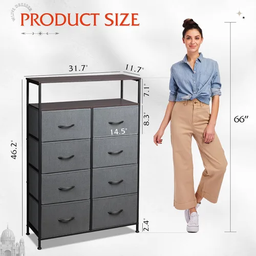 Miniatura 3 de WLIVE Cómoda de tela para dormitorio con estantes abiertos, cómoda alta con 8 cajones, torre de almacenamiento con cubos de tela, cómoda para Gris