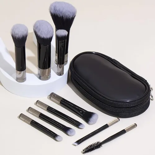 Juego de brochas de maquillaje portátil PARA LLEVAR, COSHINE 10 piezas mini de fácil transporte kit completo de brochas cosméticas de función Negro