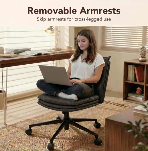 Miniatura 5 de Silla de oficina negra con asiento ancho grueso de triple capa, silla de escritorio de cuero con respaldo medio con ruedas y brazos, silla