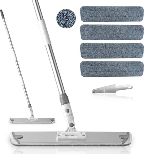 Trapeador plano de microfibra para limpieza de pisos, base de aluminio de 18 pulgadas (17.7 pulgadas/17.7 in), mango ajustable de acero inoxidable