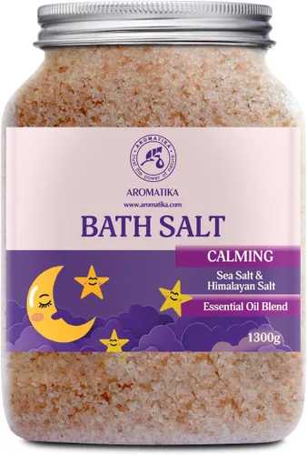 Sales de baño calmantes de 46 onzas – 45.86 oz – con aceites esenciales de sándalo, lavanda y bergamota – Sales marinas de baño naturales de 2.9 lbs