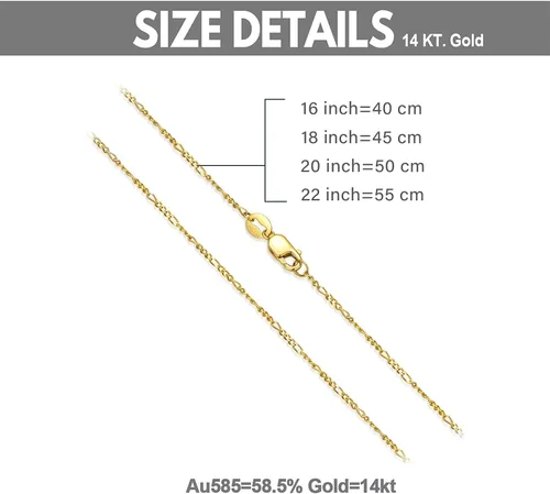 Miniatura 6 de SISGEM Collar de cadena Figaro de oro real de 14 quilates con cierre de garra de langosta, oro amarillo de 0.044in, cadena Figaro de eslabones de 16