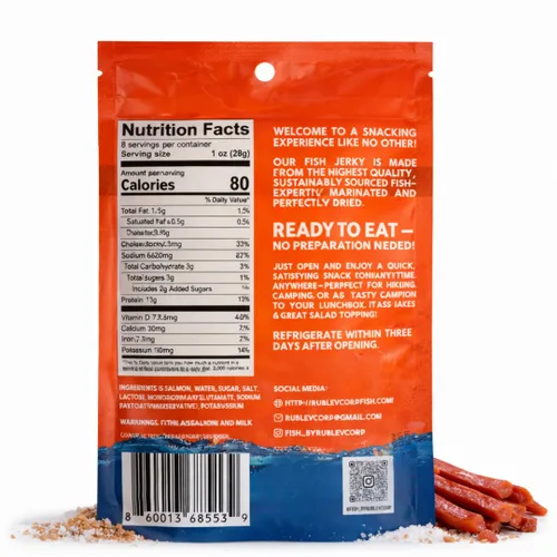 Miniatura 2 de Rublev Salmon Jerky Sabor Original – Tiras de pescado seco capturado en la naturaleza, aperitivo alto en proteínas con Omega 3, carne seca