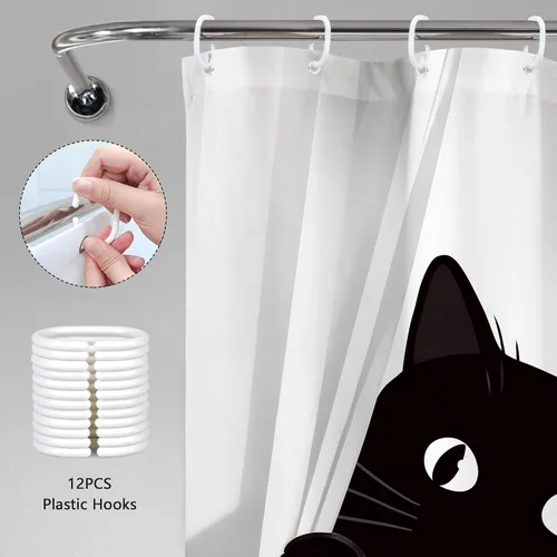 Miniatura 5 de Divertida cortina de ducha de gato negro de 60 pulgadas de ancho x 72 pulgadas de alto para niños, diseño de gatito blanco y negro, lindo animal are