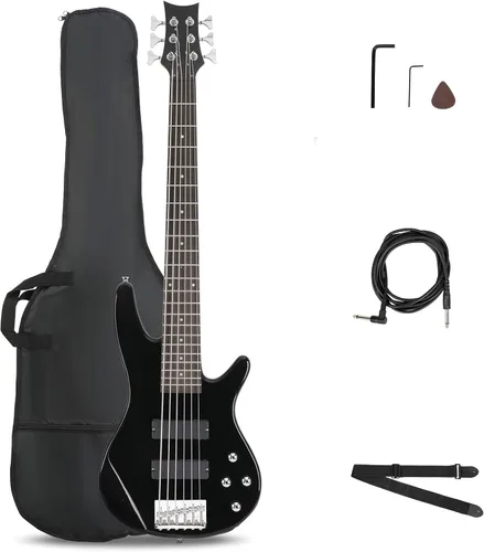 Ktaxon Guitarra eléctrica de bajo de 6 cuerdas con cuello de arce secado al aire naturalmente, diapasón de palisandro y cuerpo de tilo (Negro