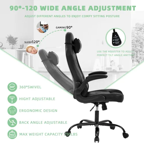 Miniatura 7 de Silla ergonómica para juegos con reposacabezas ajustable y soporte lumbar, cómoda silla de oficina de piel sintética con respaldo alto para adultos