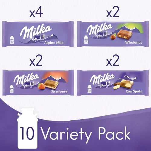 Miniatura 3 de Milka Paquete variado de barras de chocolate europeas, chocolate con leche alpino, manchas de vaca, fresa y avellana integral, 10 barras de 3.52