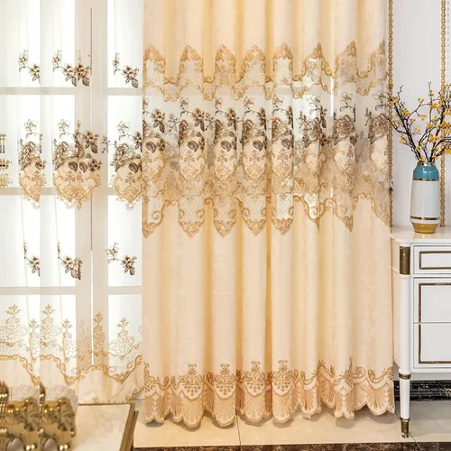 Miniatura 3 de ELKCA Cortina de Chenille Bordada Beige de Estilo Europeo para Sala de Estar, Elegantes Cortinas Florales de Chenille para Dormitorio, Parte