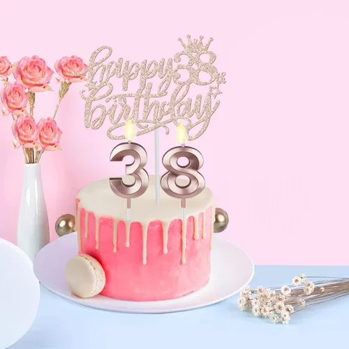 Miniatura 6 de Decoraciones de cumpleaños de 38 años para mujeres, incluyendo banda de cumpleaños, tiara/corona, velas numéricas y decoración de pastel, regalos