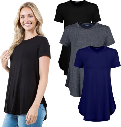 Miniatura 9 de Azules Blusa larga de manga corta para mujer, con cuello redondo y dobladillo curvado, suave y elástica