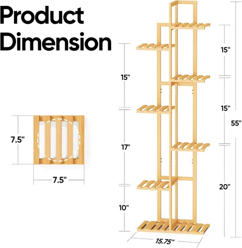 Miniatura 2 de ROSSNY Soporte para plantas de interior de 55 pulgadas de alto, 7 niveles y 8 macetas de bambú para plantas de interior, soporte de esquina