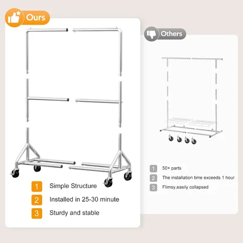Miniatura 6 de AOODA Perchero de ropa resistente de 50 pulgadas de ancho para colgar ropa, perchero industrial de doble barra con ruedas, perchero resistente