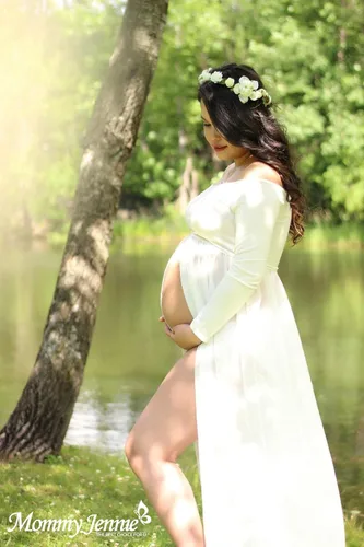 Miniatura 4 de Mommy Jennie Vestido de maternidad con hombros descubiertos, manga larga, frente dividido, vestido de gasa para sesión de fotos