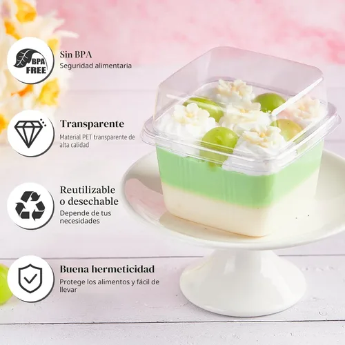 Miniatura 3 de Kucoele Paquete de 50 Tazas de Postre de Plástico de 8 oz con Tapas y Sporks, Tazas Cuadradas Transparentes para Pasteles, Recipientes de Postre
