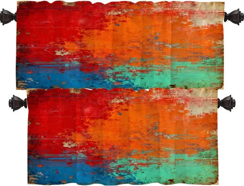 Miniatura 29 de Shrahala Beige and Orange Abstract Art Brushstrokes Blackout Curtain Tiers, Abstract Oil Paint Kitchen Valance Light Blocking Tier Drapes with Rod