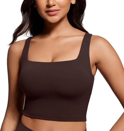 Miniatura 105 de CRZ YOGA Butterluxe Brasier deportivo de cuello cuadrado para mujer, estilo camiseta corta sin mangas, acolchado con soporte integrado para yoga