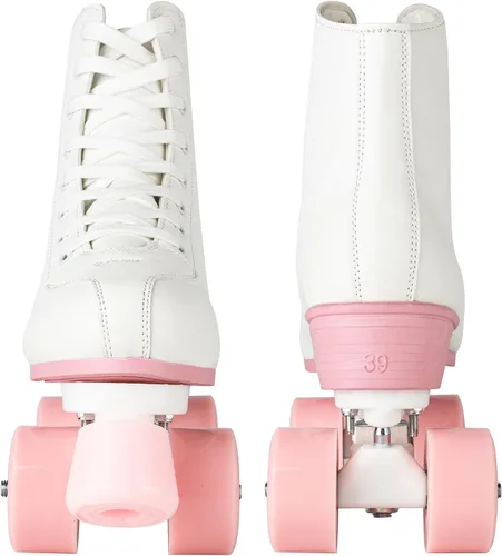 Miniatura 8 de YYW Patines de ruedas para mujeres y niñas, patines de derby de luces, patines de cuero sintético de doble fila, patines negros y rosas
