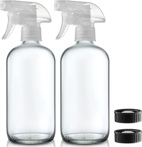 Botellas rociadoras de vidrio cobalto transparente, 16 onzas (paquete de 2) contenedor de rociador de vidrio recargable con rociador de gatillo