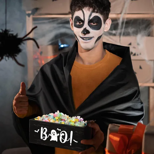 Miniatura 6 de Sintuff Cuenco de madera para dulces de Halloween, divertido plato de dulces para dulce o truco, soporte grande para servir de Halloween, cuenco