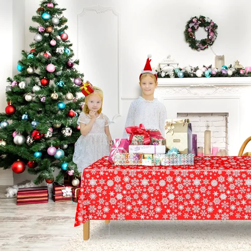 Miniatura 6 de ELECLAND Mantel de plástico de copos de nieve de Navidad, cubierta de mesa de copos de nieve de Navidad, mantel rectangular de fiesta de invierno