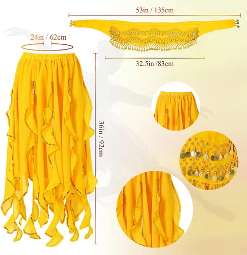 Miniatura 11 de Haysandy Conjunto de 8 piezas de danza del vientre para mujer, falda de danza del vientre, bufanda de cadera, 2 pulseras, aretes, pulsera de tobillo