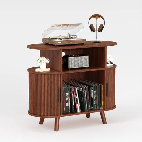 Miniatura 11 de Garvee 35'' Fluted Mid Century Modern Turntable Cabinet, Large Round Record Player Stand with Charging Station and Display Shelf, Arched Wood Record
