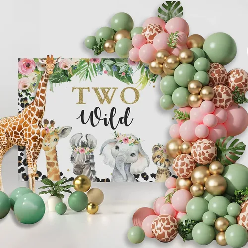 Miniatura 6 de Mocsicka Fondo de dos salvajes para niñas, safari en la selva, animales de 2º cumpleaños, decoración de fiesta de cumpleaños floral, fondo de fotos