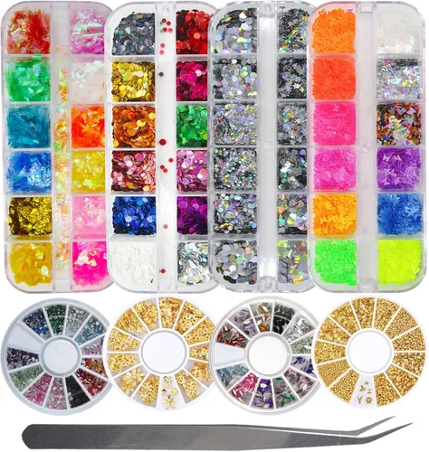 Miniatura 6 de Diamantes de imitación para manualidades con purpurina gruesa para manualidades y diamantes de imitación para uñas con pinzas, 4 unidades, purpurina